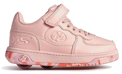 The Heelys Rezerve X2 Girls Shoes in Light Pink/Pink Confetti feature laces, a hook-and-loop strap, two wheels in the heel, a pink camo sole, and an embossed Heelys logo—perfect for beginners.