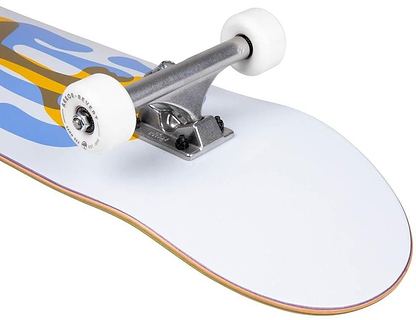 Close-up of the Arbor Street Logo Blue Complete Skateboard (7.75" x 31.5") by Arbor, featuring white wheels, silver truck, and a blue, yellow, and white deck with visible layered Canadian maple construction at the board’s edge.