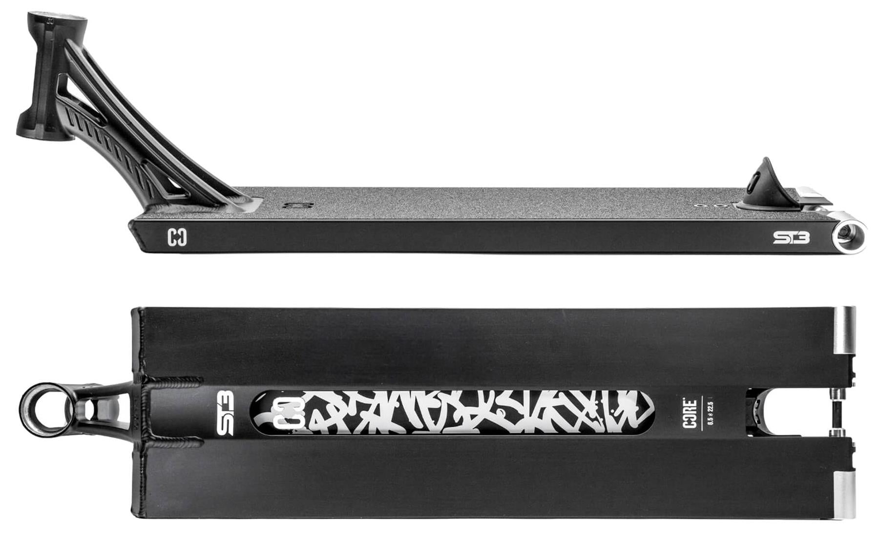 Two views of the CORE ST3 Forged Black Street Stunt Scooter Deck by CORE: the top view reveals a textured, wide 6.5" x 22.5" deck with a raised rear brake; the bottom view displays a central white graphic.