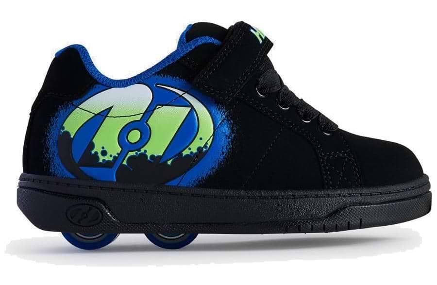 The Heelys Kolect X2 Boys Shoes in Black/Royal/Green feature a graffiti-inspired design, two wheels in the heel, and a blue collar lining—delivering fun and style from the trusted Heelys brand.