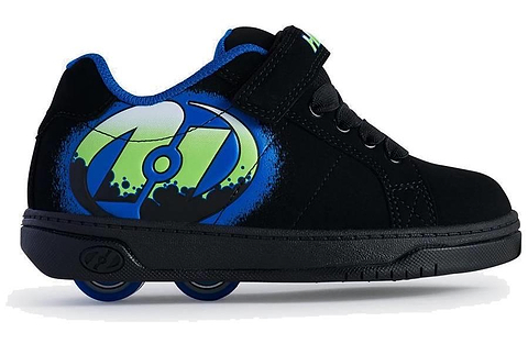The Heelys Kolect X2 Boys Shoes in Black/Royal/Green feature a graffiti-inspired design, two wheels in the heel, and a blue collar lining—delivering fun and style from the trusted Heelys brand.
