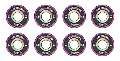 A set of eight vibrant skateboard bushings from CORE, known as the Titanium Neochrome Skateboard Bearings, are arranged in two rows of four. They feature a shiny iridescent finish with purple accents and are lightweight with anti-corrosive properties, with each bushing having a central hole.