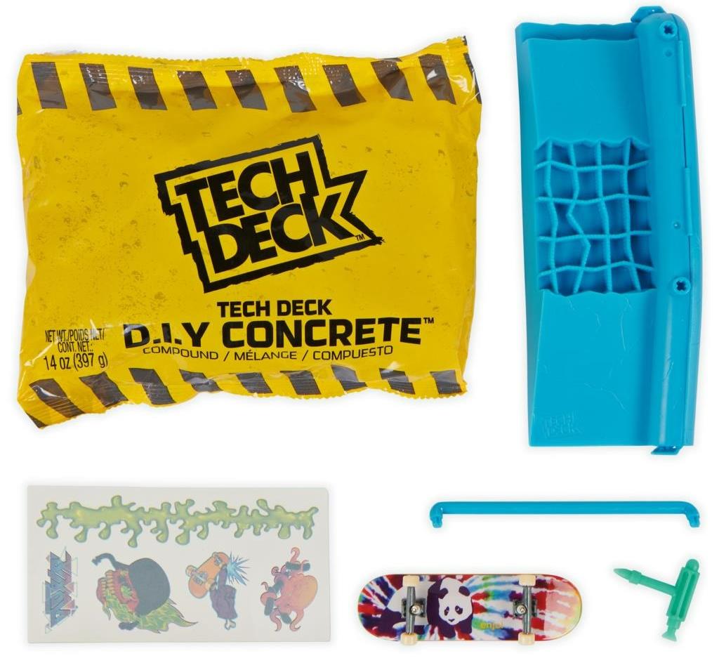 The Tech Deck DIY Concrete Reusable Fingerboard Ramp Modelling Set by Tech Deck features a yellow packet, blue ramp mold, reusable concrete compound, panda fingerboard, tool, and colorful stickers—everything you need to build your own ramp.