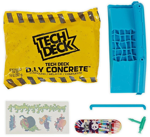 The Tech Deck DIY Concrete Reusable Fingerboard Ramp Modelling Set by Tech Deck features a yellow packet, blue ramp mold, reusable concrete compound, panda fingerboard, tool, and colorful stickers—everything you need to build your own ramp.