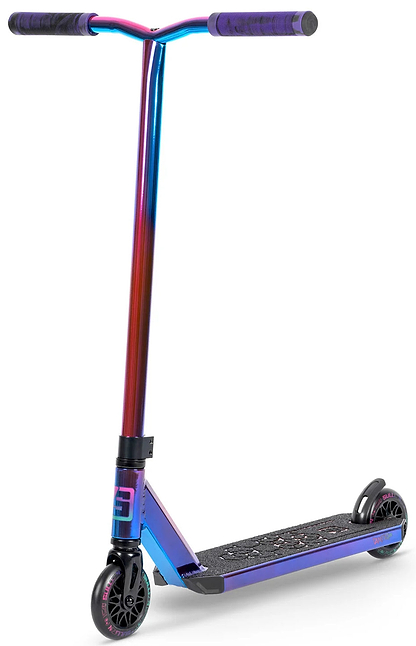 The Sullivan Antic V2 Complete Stunt Scooter - Aurora by Sullivan features a vibrant blue, purple, and red gradient handlebar and frame, black grip tape deck, and two small black wheels—ideal for kids’ first skatepark rides.