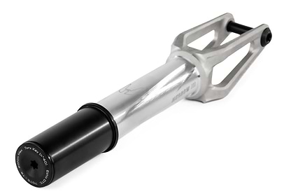 The Ethic DTC Merrow V3 HIC Stunt Scooter Fork in Raw Silver, made by Ethic from 7075 aluminium, features a black axle cap, open geometric frame, cylindrical section, and is designed to be the lightest fork in the world.
