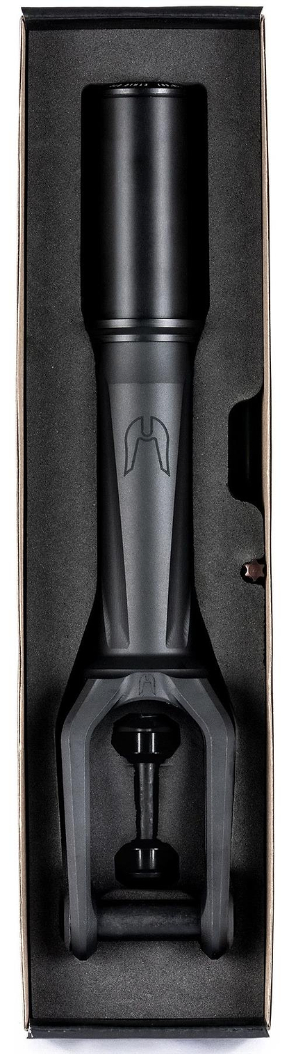 The Ethic DTC Merrow V3 8/12STD IHC Stunt Scooter Fork in black by Ethic features a lightweight, cylindrical metal design with a forked bottom, simple handle emblem, and comes securely packed in a foam-lined box. Appears new and unused.