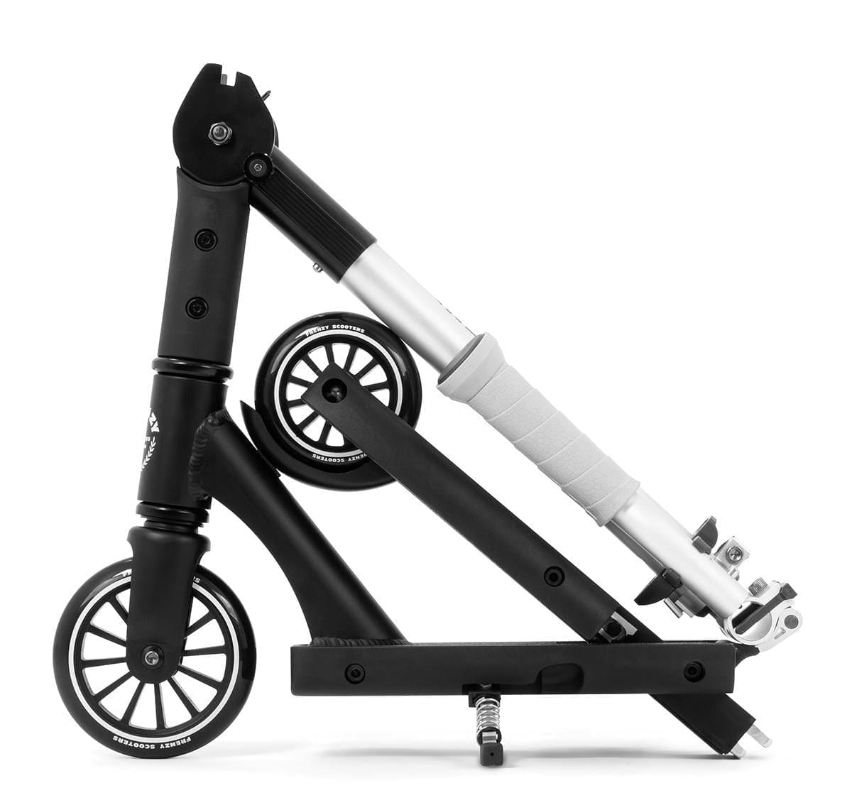 The Frenzy Flex 120mm Recreational Scooter by Frenzy, shown in black and silver, is fully folded with wheels aligned and handlebar down, making the foot deck parallel to the ground for compact storage.