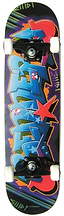 The Renner A11 Graffiti Complete Skateboard (7.75" x 31") features white wheels and a colorful deck with bold blue graffiti lettering, a red star, and vibrant accents—ideal for beginners seeking style and performance.