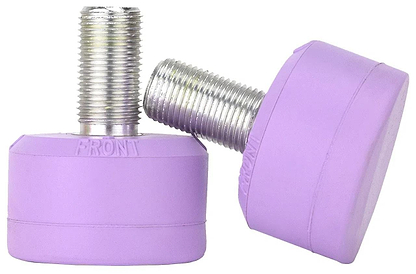 Two Gumball Roller Skate Long 30mm 83A Toe Stops in grape purple with metal threaded stems demonstrate excellent skating control. One stands upright, and the other leans against it, displaying "FRONT" embossed on its front against a white background.