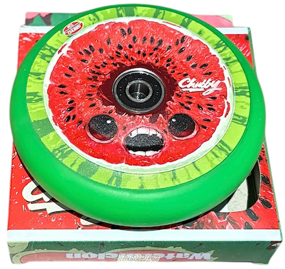The Chubby Hollowcore 110mm Stunt Scooter Wheel - Watermelon features a cartoon watermelon design, lightweight hollowcore build, bearing included, and comes in green. "Chubby" is printed on the wheel for a bold, playful look.