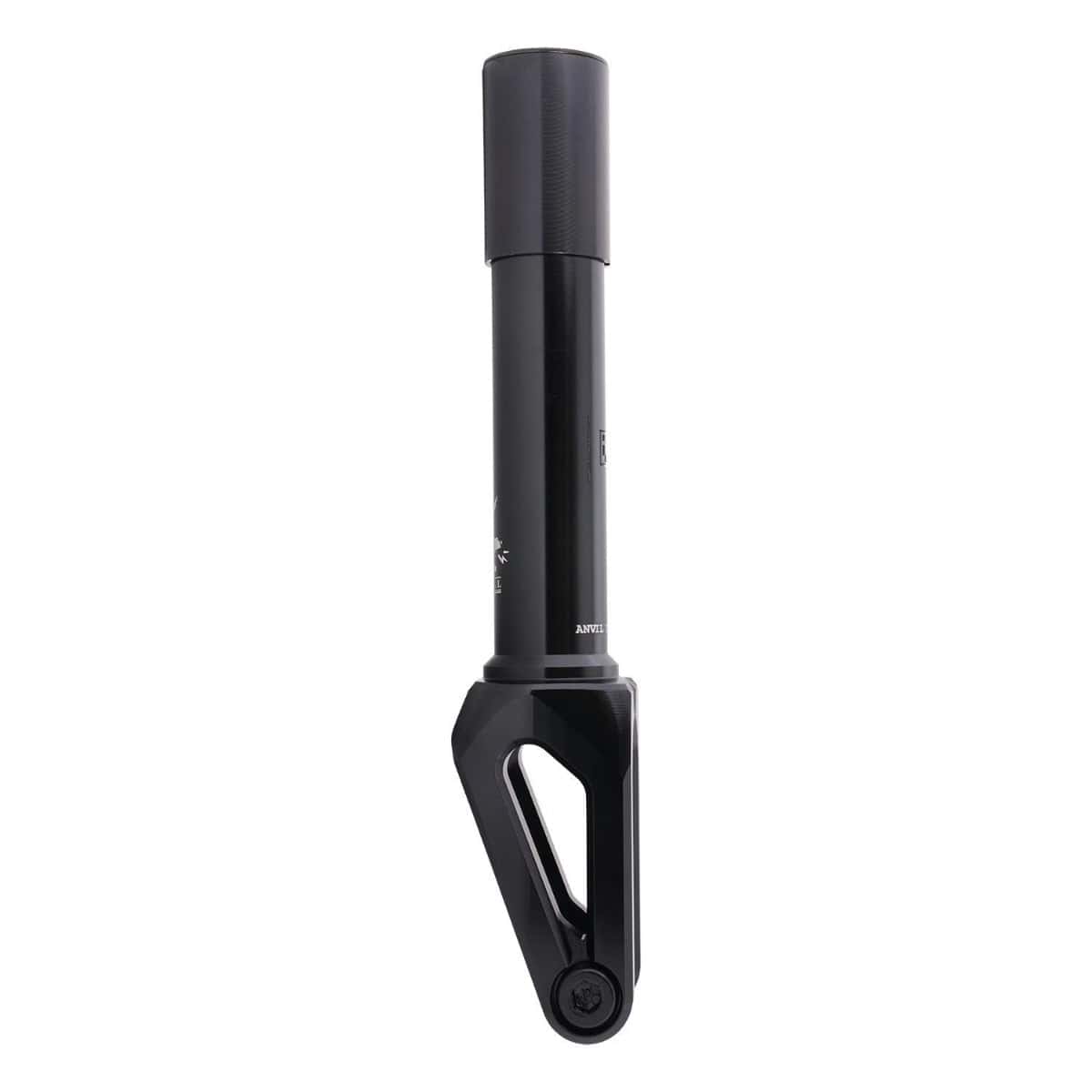 A bicycle pump in black, designed with a cylindrical barrel and an ergonomic lever, is crafted from durable 6061-T6 aluminum for tire inflation. Its compact design includes a comfortable top handle, reminiscent of the refined engineering found in the UrbanArtt Anvil SCS/HIC Stunt Scooter Forks.