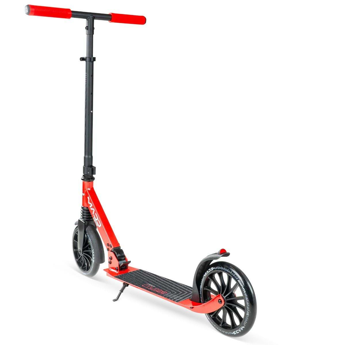 The Madd Gear Metro Cruise 250 Foldable Commuter Scooter in Black/Red features large wheels, a non-slip deck, adjustable handlebar with red foam grips, rear fender brake, and lightweight frame—ideal for adults commuting smoothly through the city.