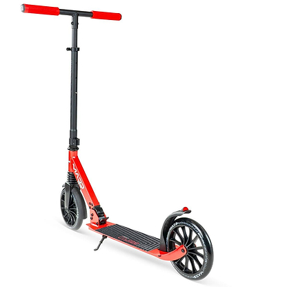 The Madd Gear Metro Cruise 250 Foldable Commuter Scooter in Black/Red features large wheels, a non-slip deck, adjustable handlebar with red foam grips, rear fender brake, and lightweight frame—ideal for adults commuting smoothly through the city.