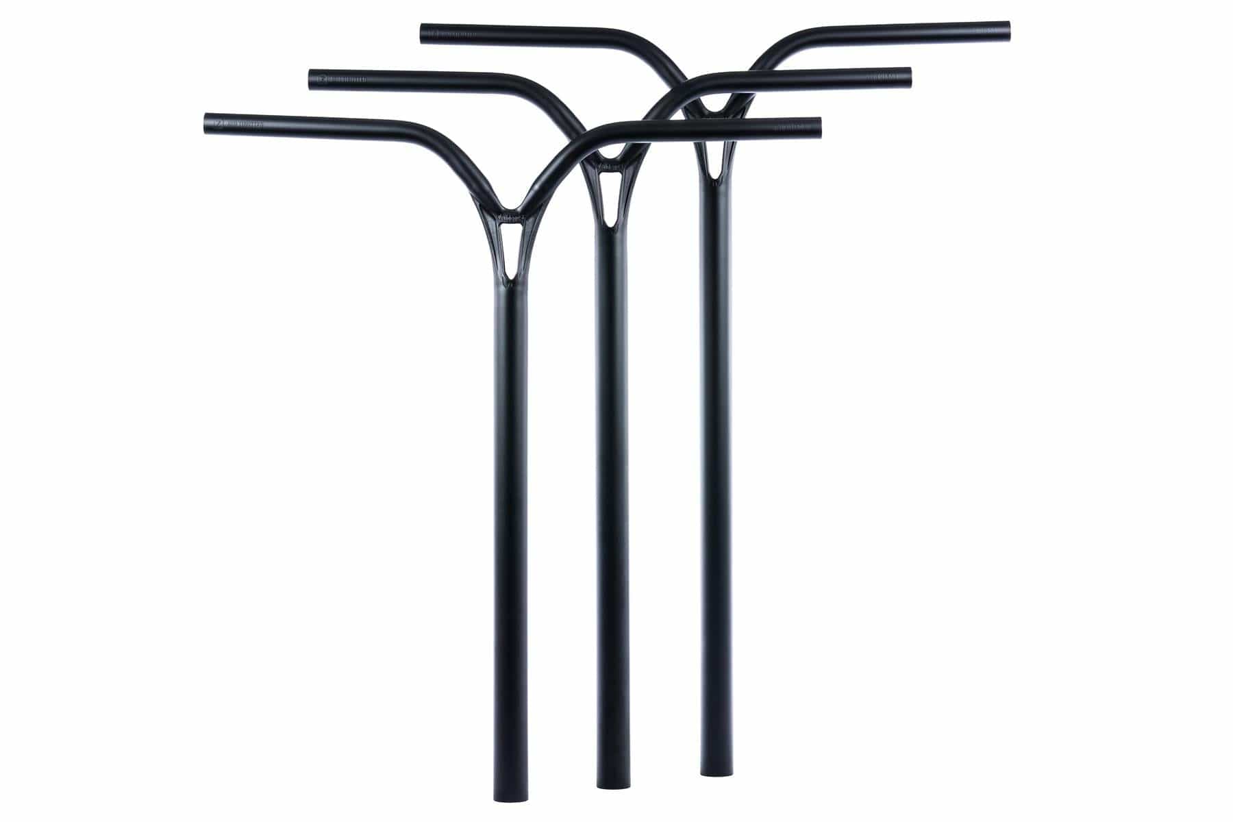 Three black Ethic Deildegast V2 Steel Oversized HIC Stunt Scooter Bars (720mm x 600mm) stand upright, overlapping on a white background. Made from durable 4130 Chromoly Steel, these Ethic bars combine strength and style.