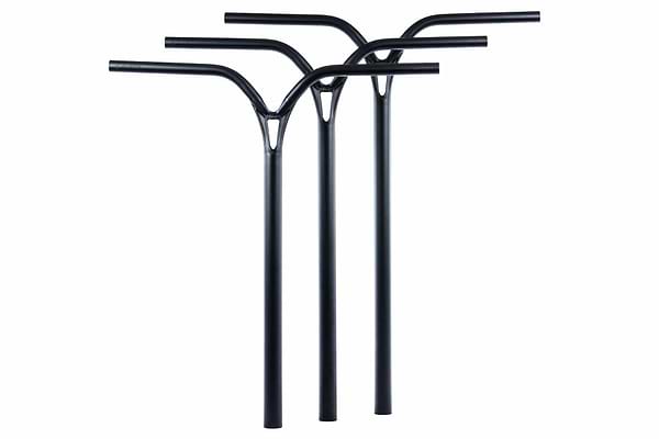 Three black Ethic Deildegast V2 Steel Oversized HIC Stunt Scooter Bars (720mm x 600mm) stand upright, overlapping on a white background. Made from durable 4130 Chromoly Steel, these Ethic bars combine strength and style.