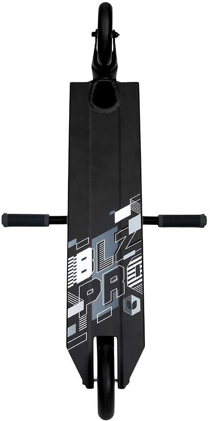 Top-down view of the Blazer Pro Outrun 3 Complete Stunt Scooter - Black / Black, featuring geometric white and gray patterns and “BLZ PRO” on the deck; both wheels and handlebars are visible—a great choice for beginner riders.