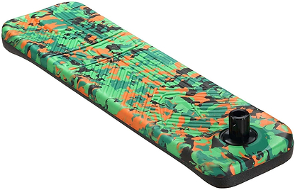 A foam knee pad with a green, orange, and black camouflage pattern, specifically designed for gardening. It includes a black handle on one end for easy carrying, offering a level of convenience similar to handling the Blunt Envy TS Pro 6 Indoor Trampoline Stunt Scooter in Orange Camo.