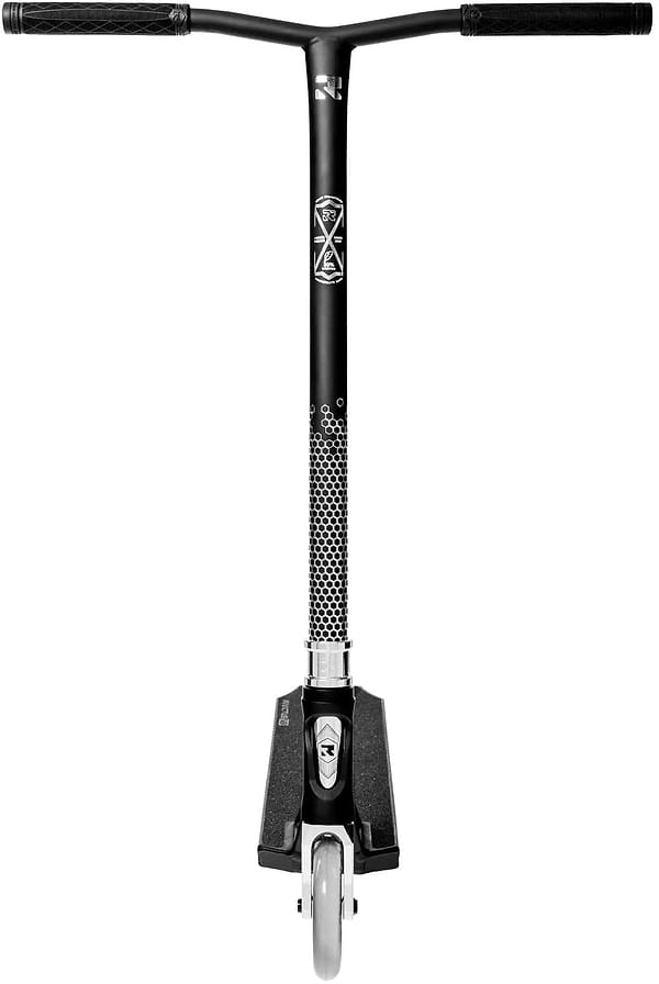 The Root Industries Invictus V3 Complete Stunt Scooter - Black Mirror is seen from the front, showing wide Chromolite bars with textured grips, a patterned neck design, and a single silver wheel at the base for top performance.