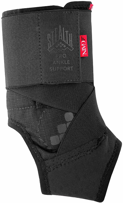 The black GAIN Protection Stealth Pro Junior Ankle Support features reinforced stitching, a wide wraparound strap for adjustable compression, and "GAIN" branding with a small red "G-Form" tag on the upper edge.