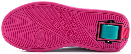 The image shows the sole of a Breezy Rollers Splash Shoe - White / Pink, featuring textured patterns and a large teal retractable wheel with Breezy Rollers’ patented system embedded in the heel.