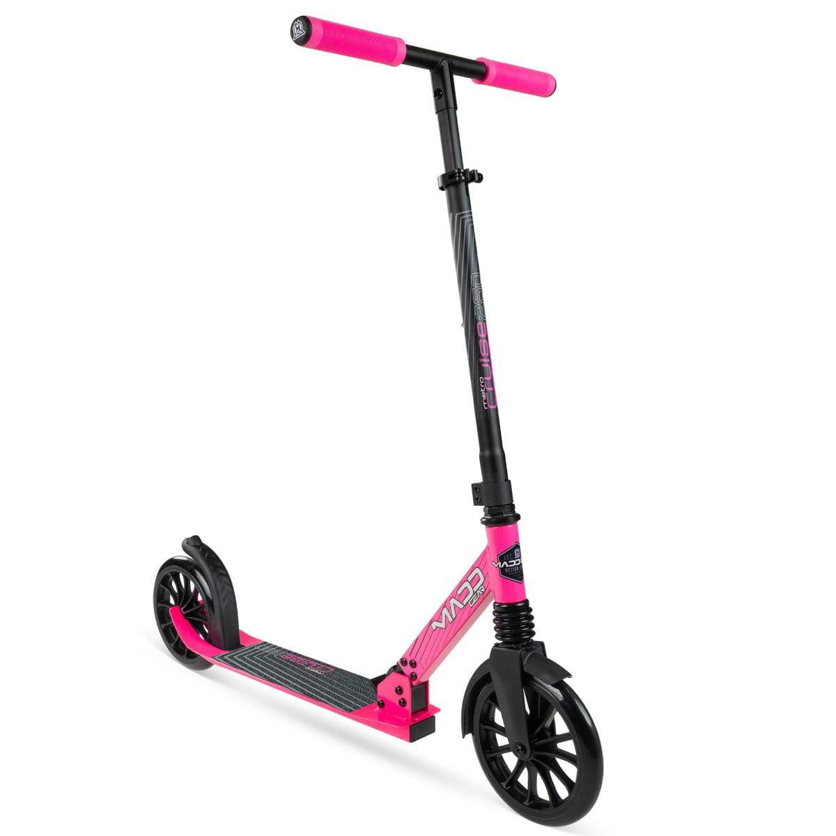 The Madd Gear Metro Cruise 250 Foldable Commuter Scooter by MGP features large wheels, a sturdy black deck, pink accents on the handles and deck, and an adjustable handlebar for commuter comfort.