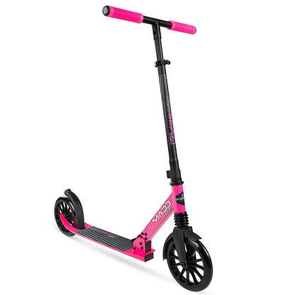 The Madd Gear Metro Cruise 250 Foldable Commuter Scooter by MGP features large wheels, a sturdy black deck, pink accents on the handles and deck, and an adjustable handlebar for commuter comfort.