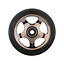 The Drone Luxe 3 Smoked Chrome Dual-Core 110mm Stunt Scooter Wheel features a black metallic core with five spokes. "Drone Luxe 3" elegantly inscribed on the rim ensures style and performance, complete with Ultra-Sonix bearings for stunt enthusiasts.