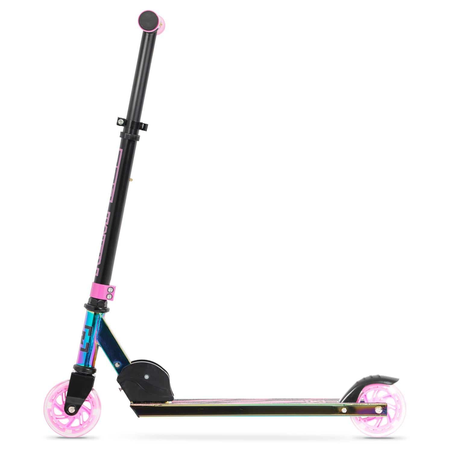 The Rampage Light Up Foldable Kick Scooter - Neochrome / Pink side view.