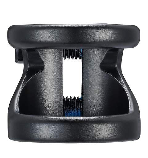 Close-up of a Blunt Envy Z 2 Bolt Oversized Stunt Scooter Clamp in black, highlighting its sleek anodized finish and dual openings from a top-down perspective. The interior components are visible through the openings, emphasizing its compact and functional design.