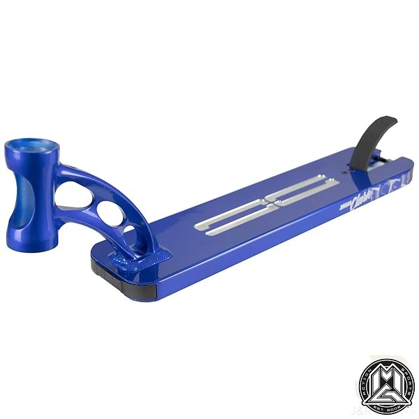 The Madd Gear MGP VX9 Blue Jordan Clark Signature Stunt Scooter Deck (4.5" x 19.5") features weight-reducing cutouts, a rear brake, and an integrated head tube design, shown against a white background.