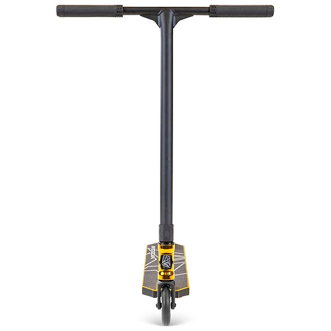 The Madd Gear MG 6 Kinetic Complete Stunt Scooter in gold and black is shown from the front, highlighting its wide handlebar, single front wheel, and lightweight aluminium deck with ABEC-11 High-Speed Chrome bearings.