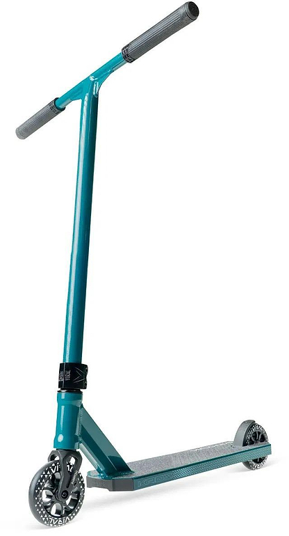 The Madd Gear Viral KAOS Complete Stunt Scooter in Denim features gray handles, black and silver wheels, and a textured foot deck, shown angled on a white background.
