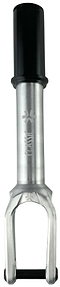 The Union Classic Lightweight IHC Stunt Scooter Fork - Polished by Union features a silver aluminium body, black cylindrical top, cutout design, and engraved shaft markings, showcasing its lightweight build against a white background.