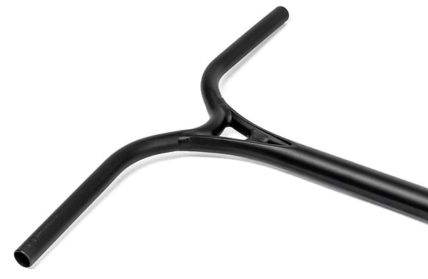 A close-up of the Ethic DTC Wolpertinger Aluminium IHC Stunt Scooter Bars in black (720mm x 580mm), featuring a Y-shaped design with a matte finish and central triangular support.