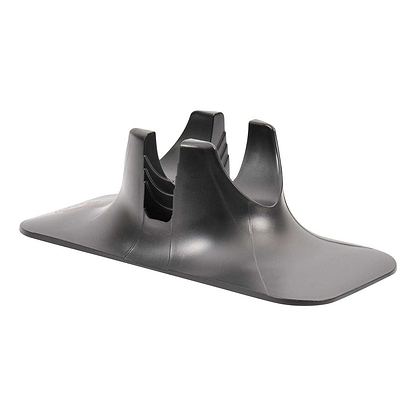 A black plastic scooter stand from Triad, featuring three curved supports for optimal security. Its single floor design, with a wide and flat base, ensures stability on the ground.