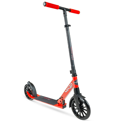 The Madd Gear Metro Cruise 250 Foldable Commuter Scooter in black and red features large wheels, red handlebars, and a textured foot deck, displayed on a white background.