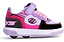 The Heelys Rezerve Low X2 Girls Shoes in black, purple, and pink feature a strap, laces, two wheels in the heel, a side logo, and a light purple sole—perfect for kids.