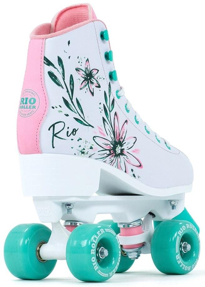 The Rio Roller Artist Quad Roller Skates - Flora boast a white boot with pink floral designs and green leaves, complemented by a pink interior and green laces and wheels. "Rio" is elegantly displayed near the heel, enhancing its artistic look.