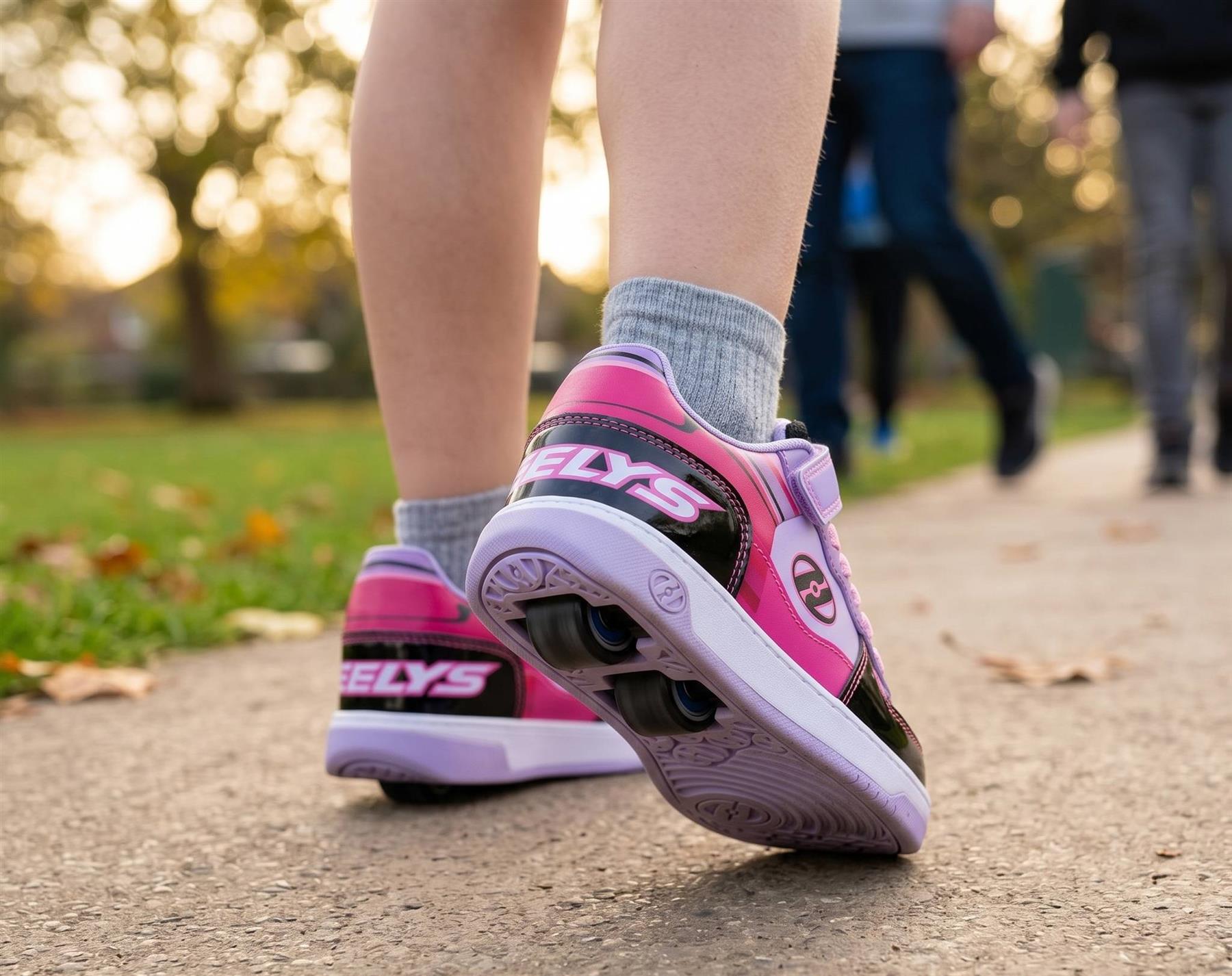Someone wearing Heelys Rezerve Low X2 Girls Shoes in black, purple, and pink with a two-wheel design walks on a paved park path, with blurred people and trees in the background.
