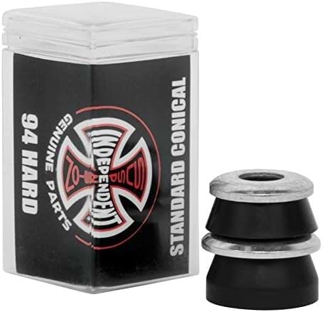 A plastic container labeled "Independent Standard Conical Black Skateboard Bushings - 94A" sits beside black conical bushings with a metallic washer. Adorned with a logo featuring four interlocking segments in black, red, and white, these high rebound bushings from Independent are crafted from a durable urethane formula.