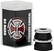 A plastic container labeled "Independent Standard Conical Black Skateboard Bushings - 94A" sits beside black conical bushings with a metallic washer. Adorned with a logo featuring four interlocking segments in black, red, and white, these high rebound bushings from Independent are crafted from a durable urethane formula.