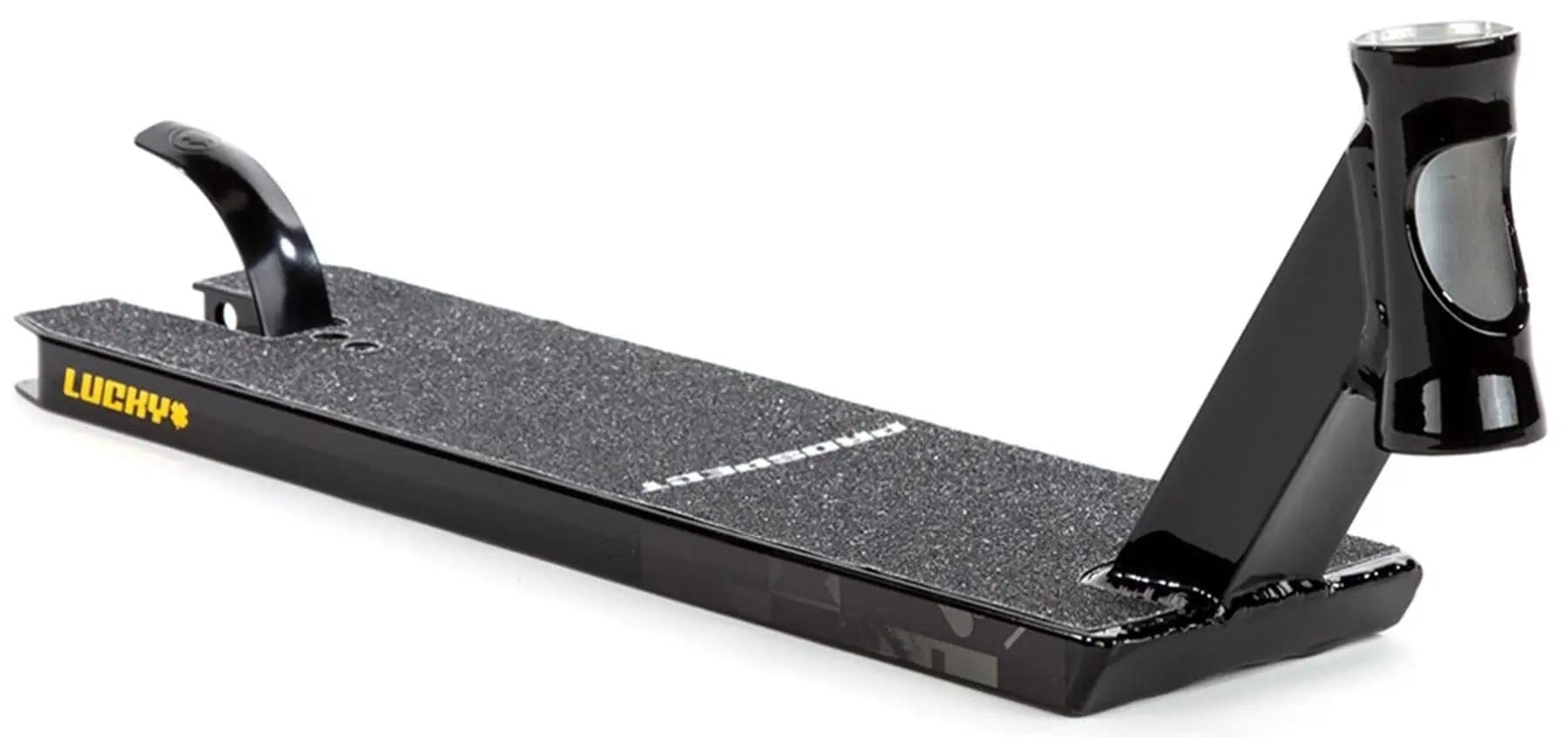 The Lucky Prospect 2025 Black Shift Stunt Scooter Deck by Lucky (5" x 19.5") is made from tough 6000 Series aluminum, includes top grip tape, a raised rear brake, and an angled head tube for easy handlebar attachment—ideal for advanced riders.