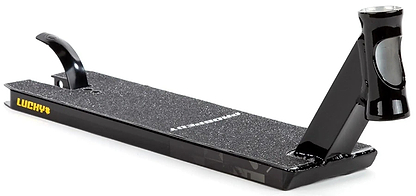 The Lucky Prospect 2025 Black Shift Stunt Scooter Deck by Lucky (5" x 19.5") is made from tough 6000 Series aluminum, includes top grip tape, a raised rear brake, and an angled head tube for easy handlebar attachment—ideal for advanced riders.