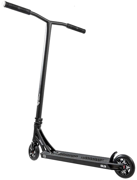 The CORE SL3 Complete Stunt Scooter by CORE features a black design, wide handlebar, small front and rear wheels, and a flat deck, positioned at an angle against a white background.