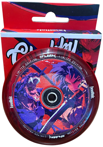 The Chubby Hollowcore 110mm Stunt Scooter Wheel - Basilisk Limited Edition features bold anime-style graphics with two intense characters in red and purple, plus "LIMITED EDITION" on the rim—ideal for fans of unique Chubby scooter wheels.