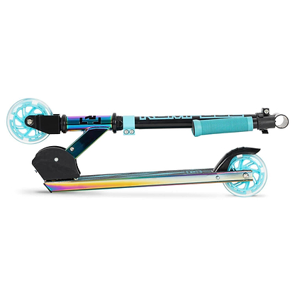 The Rampage Light Up Foldable Kick Scooter - Neochrome / Blue features LED light-up blue wheels.