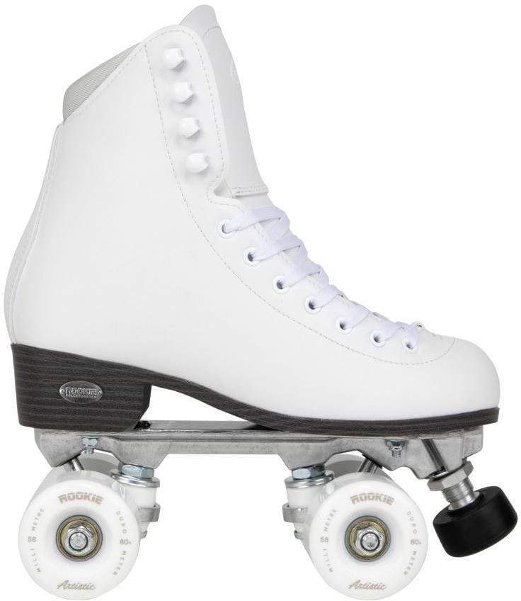 The Rookie Artistic Quad Roller Skates - White by Rookie feature a classic white vegan leather boot, white laces, dark sole, and four wheels in pairs, shown in a side view against a plain background.