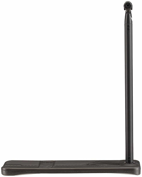 A black microphone stand with a long vertical pole and a rectangular base mirrors the sleek design of the Blunt Envy TS Pro 7.5 Indoor Trampoline Stunt Scooter - Black, all set against a plain white background.