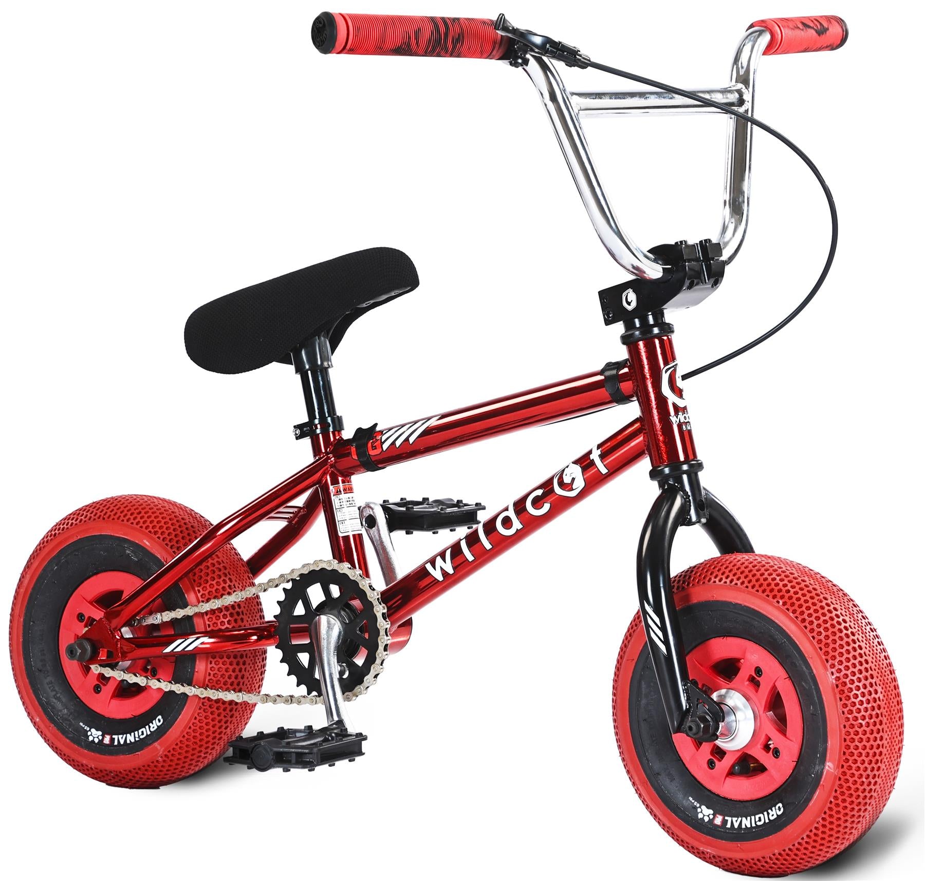 The Wildcat OG 3A Mini BMX Bike - Royal Red features a small red and black frame with "wildcat" in white, thick treaded PRO Street 65PSI tyres, CNC aluminium wheel rims, a black seat, and red handlebar grips for durability and style.
